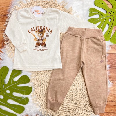 Conj. Blusa Manga Longa de Linho Born to Play Baseball e Calça de Moletom - Areia